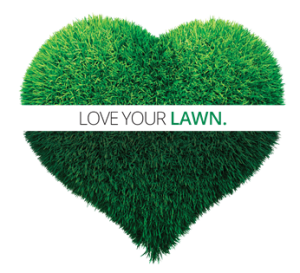 Green grass in shape of heart with a label: Love Your Lawn.