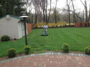 An employee at Lawn Doctor performing lawn care in Wayne 