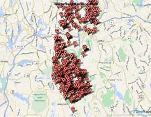 map of customer lawn services in Danbury CT