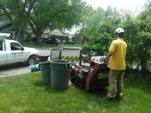Man using stump grinder showing Lawn Care Services in Fort Collins.