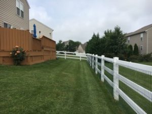 Beautiful backyard with white picket fence showing lawn fertilization in Dover