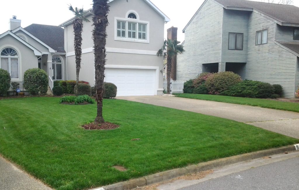 Green yard in front of large house showing affordable lawn care in Virginia Beach