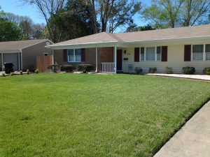 Lloyd lawn after treatment green yard in front of small house showing lawn care services in Virginia Beach