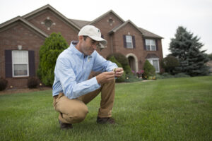 Loan doctor inspecting lawn for flea control in Bucks County