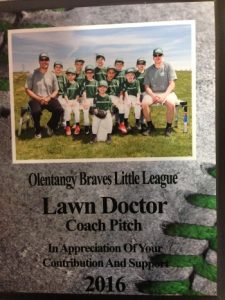 Olentangy Braves Little League Team plaque given by Lawn Doctor