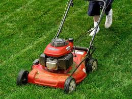 Woman pushing mower over green grass